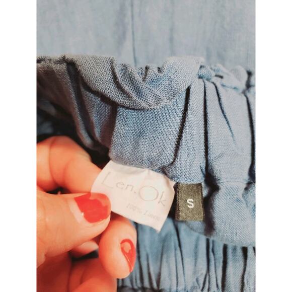 Len Ok Pants Womens Small 100% Linen Elastic Waist Wide Leg Crop Pockets Capri - Picture 4 of 8